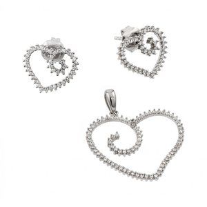 Silver 925 Rhodium Plated Clear Open Heart CZ Stud Earring and Necklace Set